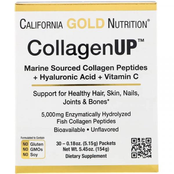 CollagenUP, морской коллаген с гиалуроновой кислотой и витамином С, без запаха, California Gold Nutrition, 30 пакетов, 0,18 унции (5,15 г) каждый - Фото 1