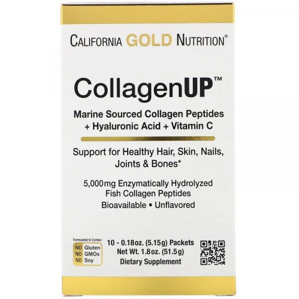 CollagenUP, морской коллаген с гиалуроновой кислотой и витамином С, без запаха, California Gold Nutrition, 10 пакетов, 0,18 унции (5,15 г) каждый - Фото 1