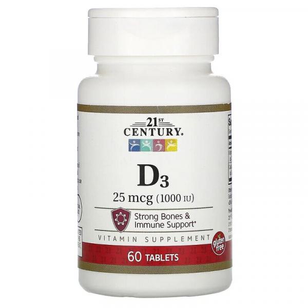 Вітамін D-3, D3, 21 століття, 25 мг (1000 МО), 60 таблеток - Фото 1