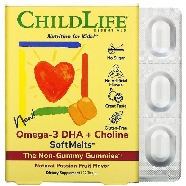 Омега-3, ДГК + холин, для детей, вкус маракуйи, Omega-3 DHA + Choline SoftMelts, ChildLife, 27 таблеток - Фото 1