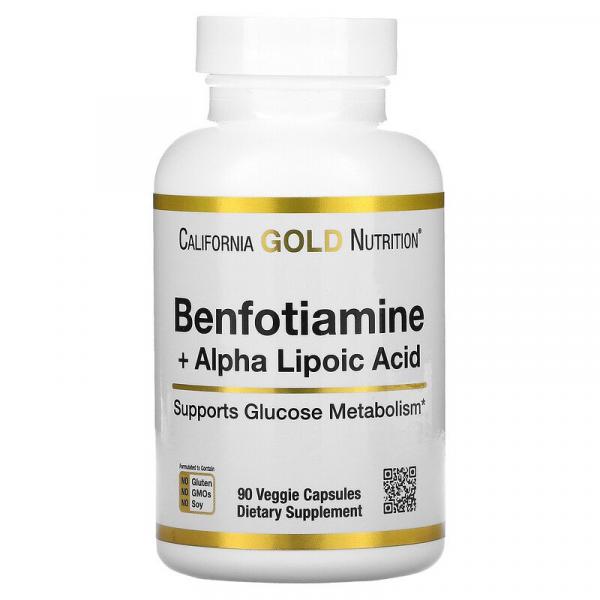 Бенфотіамін з альфа-ліпоєвою кислотою, Benfotiamine Alpha Lipoic Acid, California Gold Nutrition, 90 вегетаріанських капсул - Фото 1