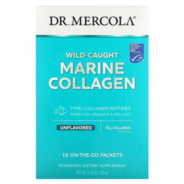 Морской коллаген из дикой рыбы, без добавок, Wild Caught Marine Collagen Unflavored, Dr. Mercola, 15 пакетиков - Фото 1