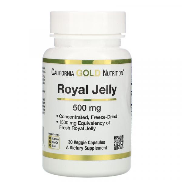 Маточное молочко, концентрированное и сублимированное, Royal Jelly, California Gold Nutrition, 500 мг, 30 вегетарианских капсул - Фото 1