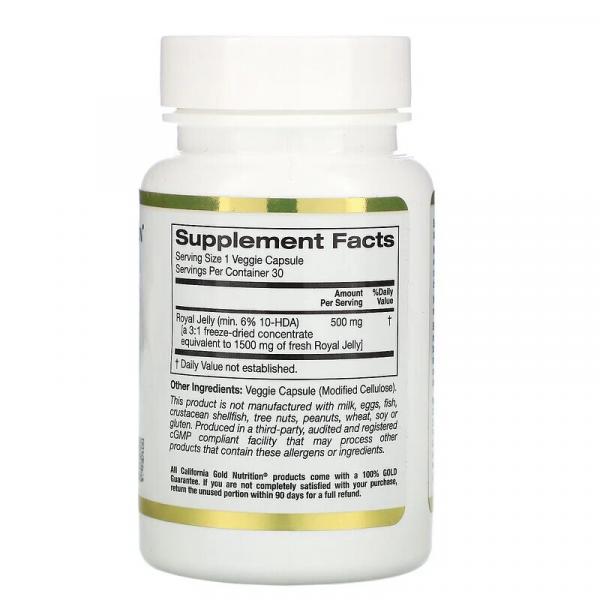 Маточное молочко, концентрированное и сублимированное, Royal Jelly, California Gold Nutrition, 500 мг, 30 вегетарианских капсул - Фото 2