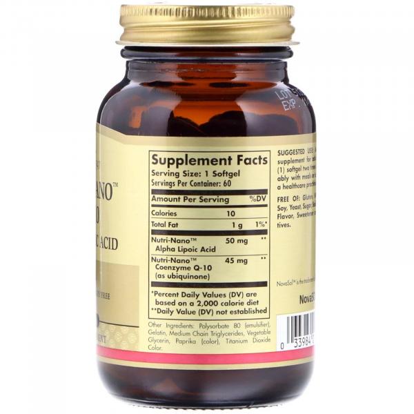 Коэнзим Q10 и альфа липоевая кислота, Nutri-Nano CoQ-10 Alpha Lipoic Acid, Solgar, 60 капсул  - Фото 2