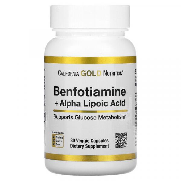 Бенфотиамин с альфа-липоевой кислотой, Benfotiamine Alpha Lipoic Acid, California Gold Nutrition, 30 вегетарианских капсул  - Фото 1