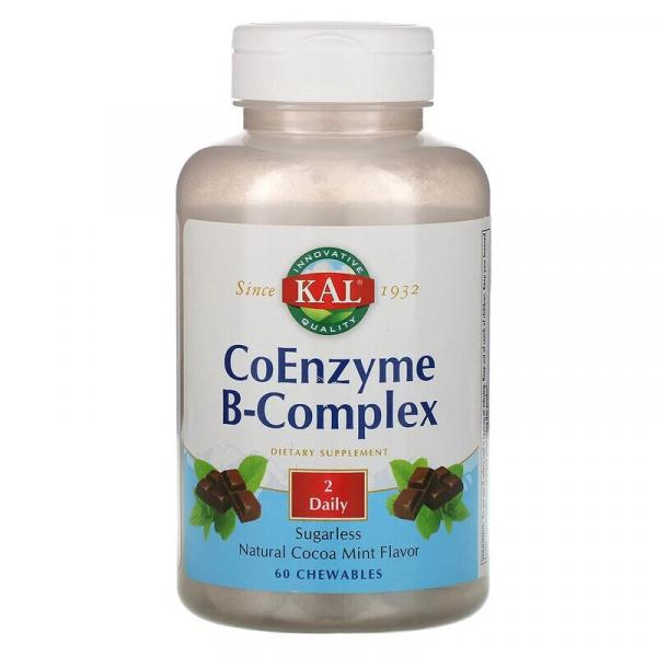 Коферментный B-комплекс, натуральная мята и какао, CoEnzyme B-Complex, KAL, 60 жевательных таблеток - Фото 1
