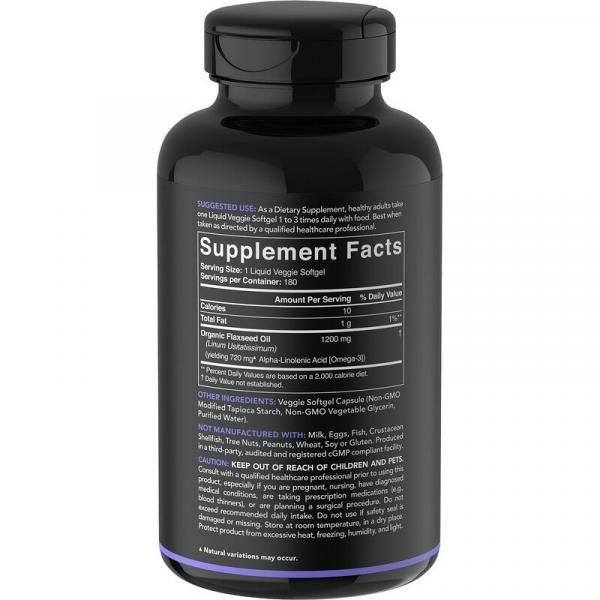 Льняное масло с растительными Омега-3, Flaxseed Oil, Sports Research, 1200 мг, 180 вегетарианских капсул - Фото 2