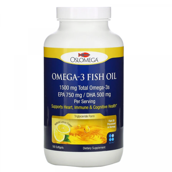Рыбий жир с омега-3, со вкусом лимона, Omega-3 Fish Oil, Oslomega, 180 капсул - Фото 1