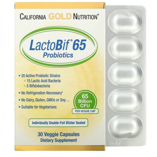 Пробиотики, 65 млрд КОЕ, LactoBif 65 Probiotics, California Gold Nutrition, 30 вегетарианских капсул - Фото 1