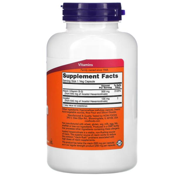 Ниацин, не вызывающий приливов, двойная сила, Niacin Flush Free Double Strength, Now Foods, 500 мг, 180 растительных капсул - Фото 2