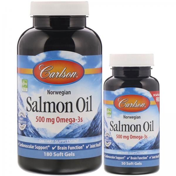 Жир лосося, Norwegian Salmon Oil, Carlson Labs, 500 мг, 180 мягких желатиновых капсул + 50 капсул в подарок - Фото 1