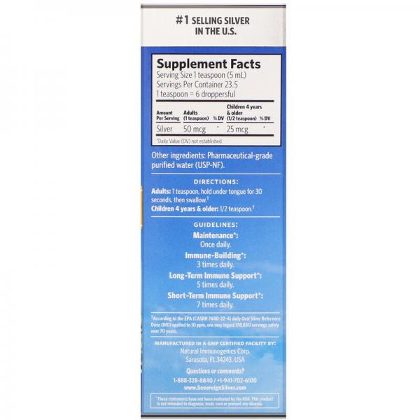 Серебро, Bio-Active Silver Hydrosol,  с дозатором-пипеткой,, Sovereign Silver, 10 част./млн, 118 мл - Фото 2