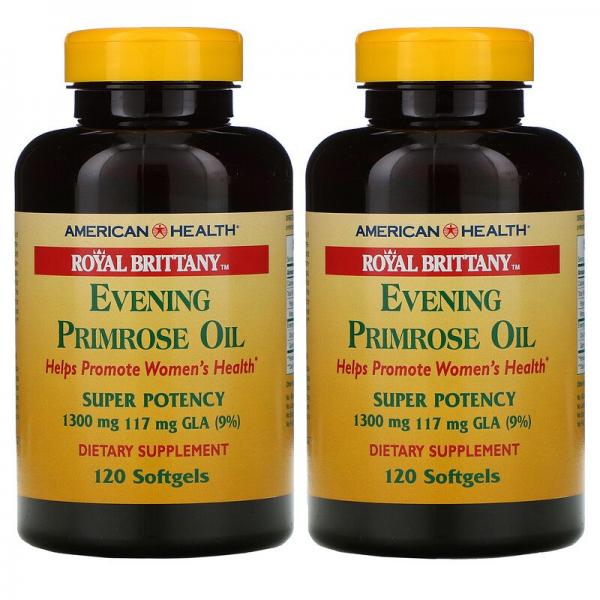 Масло примулы вечерней (EPO), Evening Primrose Oil, American Health, Royal Brittany, 1300 мг, 2 флакона, 120 желатиновых капсул в каждом флаконе - Фото 1