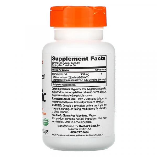 Чёрный чеснок, Fermented Black Garlic ABG10+, Doctor's Best, 250 мг, 60 капсул - Фото 2