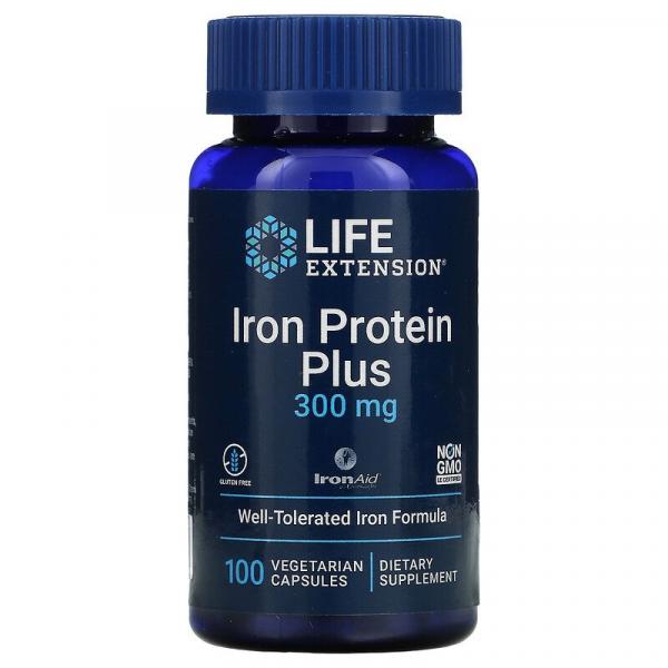 Залізо, Iron Protein Plus, Life Extension, 300 мг, 100 вегетаріанських капсул - Фото 1