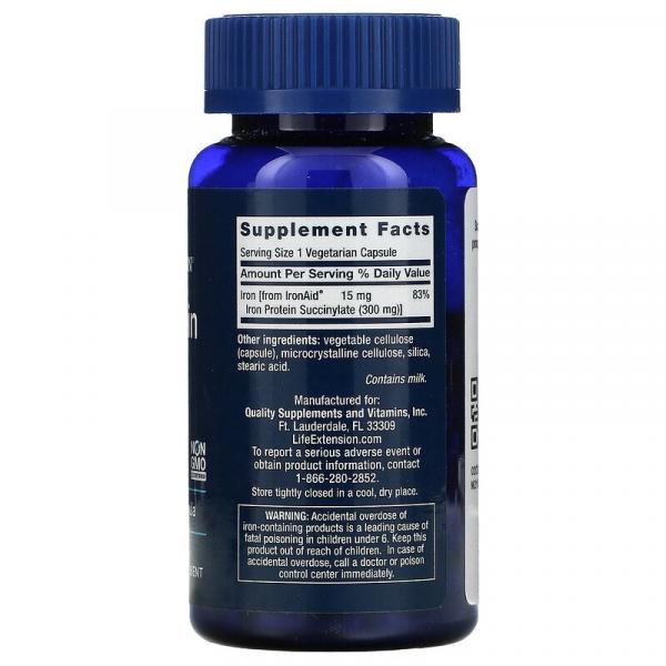 Залізо, Iron Protein Plus, Life Extension, 300 мг, 100 вегетаріанських капсул - Фото 2