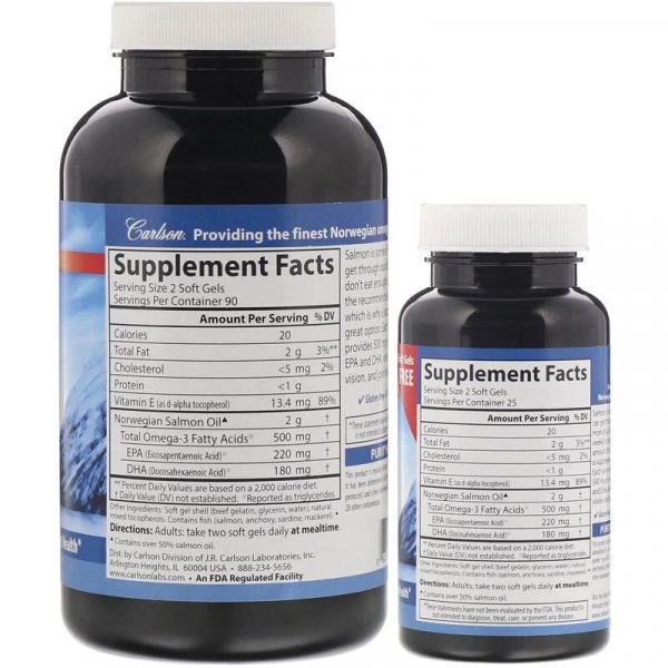 Жир лосося, Norwegian Salmon Oil, Carlson Labs, 500 мг, 180 мягких желатиновых капсул + 50 капсул в подарок - Фото 2