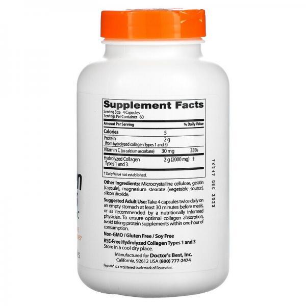  Коллаген 1 и 3 типов с витамином C, Collagen Types 1 and 3, Doctor's Best, 500 мг, 240 капсул - Фото 2