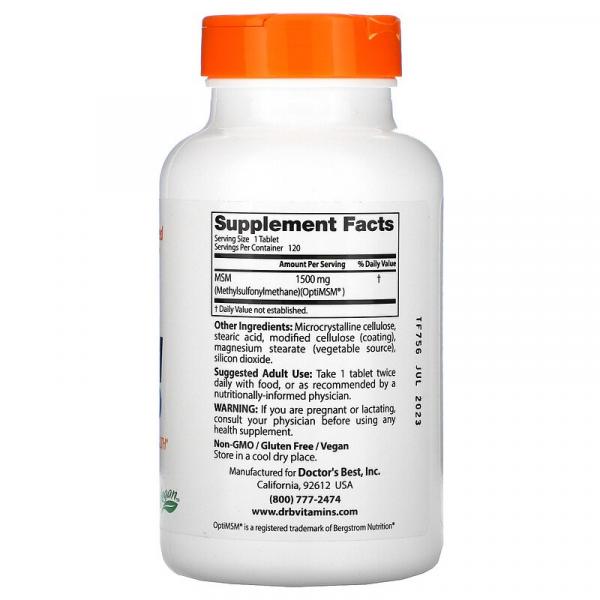Метилсульфонилметан, МСМ, MSM with OptiMSM, Doctor's Best, 1500 мг, 120 таблеток - Фото 2