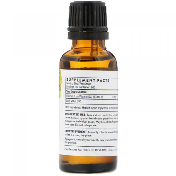 Жидкий витамин D, Vitamin D, 25 мкг (1000 МЕ), Thorne Research, 30 мл  - Фото 2