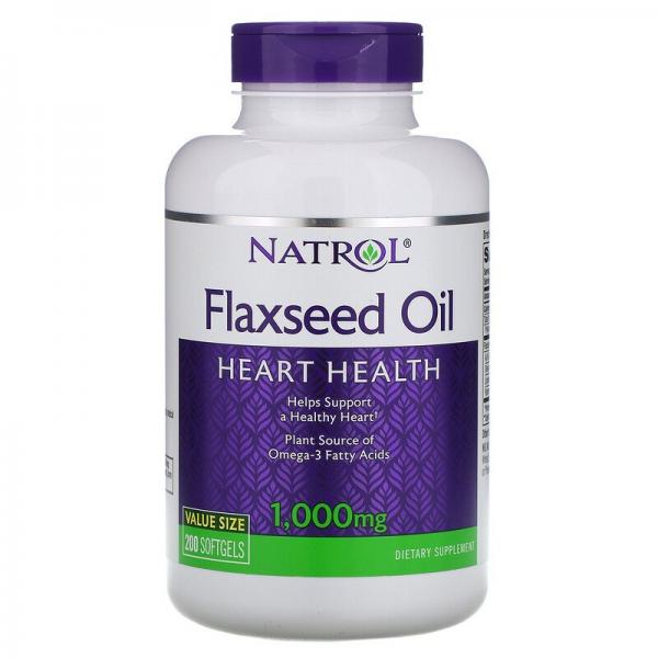 Льняное масло, здоровье сердца, Flaxseed Oil, Natrol, 1000 мг, 200 мягких таблеток - Фото 1