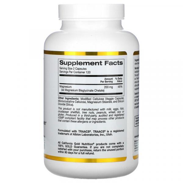 Бисглицинат магния, Magnesium Bisglycinate, California Gold Nutrition, 200 мг, 240 растительных капсул - Фото 2