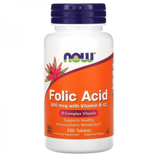 Фолиевая кислота и В12, Folic Acid Vitamin B-12, Now Foods, 800 мкг, 250 таблеток  - Фото 1