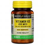 К2 и Д3, Vitamin K2 Plus Vitamin D3, Mason Natural, 100 мкг, 100 таблеток - Фото миниатюра 1