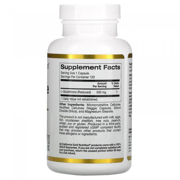 L-глутатион, восстановленный, L-Glutathione (Reduced), California Gold Nutrition, 500 мг, 120 растительных капсул - Фото 2