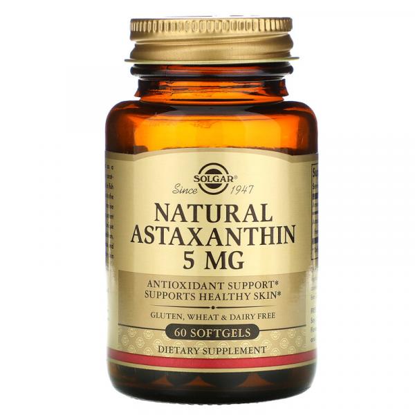 Натуральный астаксантин, Natural Astaxanthin, Solgar, 5 мг, 60 гелевых капсул - Фото 1