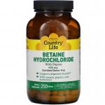 Гидрохлорид бетаина с пепсином, Betaine Hydrochloride with Pepsin, Country Life, 600 мг, 250 таблеток - Фото миниатюра 1