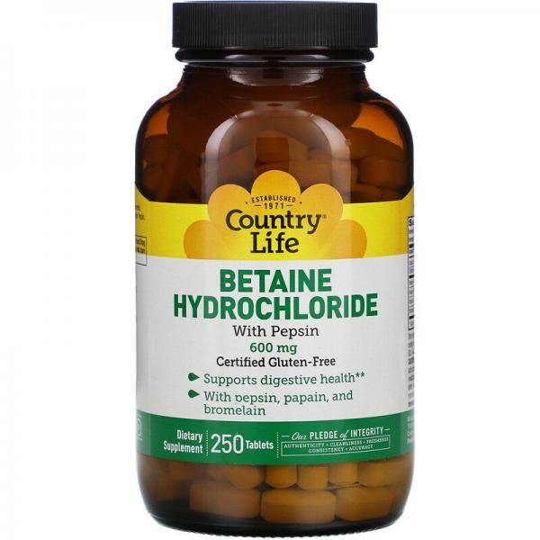 Гидрохлорид бетаина с пепсином, Betaine Hydrochloride with Pepsin, Country Life, 600 мг, 250 таблеток - Фото 1