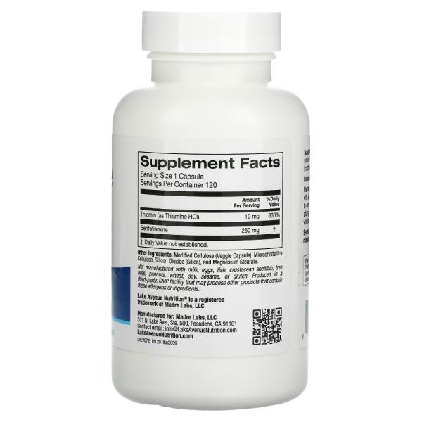 Бенфотиамин и тиамин, Benfotiamine with Thiamine, Lake Avenue Nutrition, 250 мг, 120 растительных капсул - Фото 2