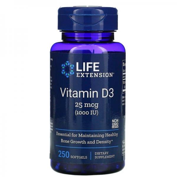 Витамин D3, Vitamin D3, Life Extension, 25 мкг (1000 МЕ), 250 гелевых капсул  - Фото 1