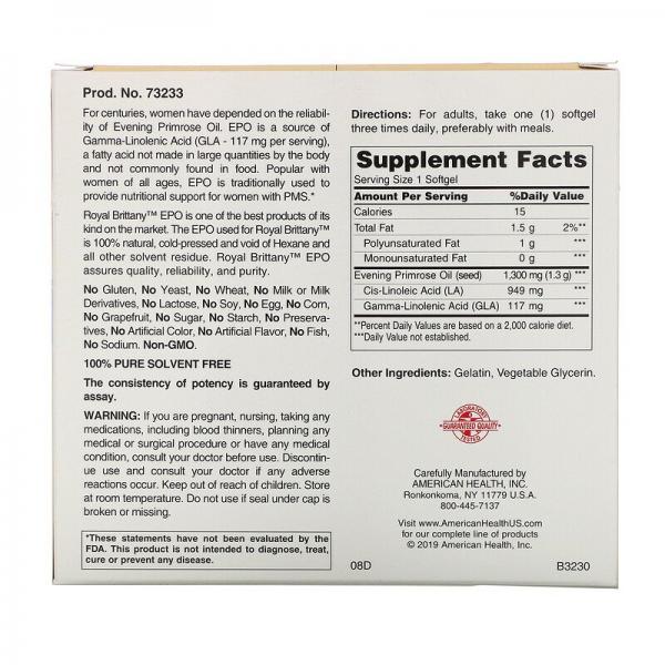 Масло примулы вечерней (EPO), Evening Primrose Oil, American Health, Royal Brittany, 1300 мг, 2 флакона, 120 желатиновых капсул в каждом флаконе - Фото 3