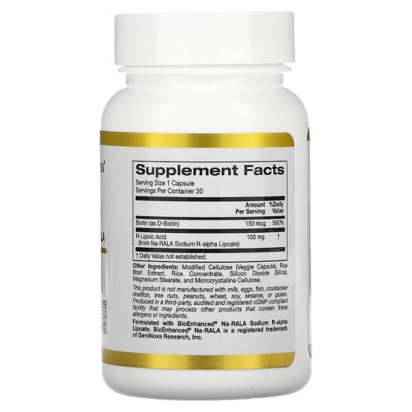 Стабилизированная R-липоевая кислота, Stabilized R-Lipoic Acid, California Gold Nutrition, 30 растительных капсул - Фото 2