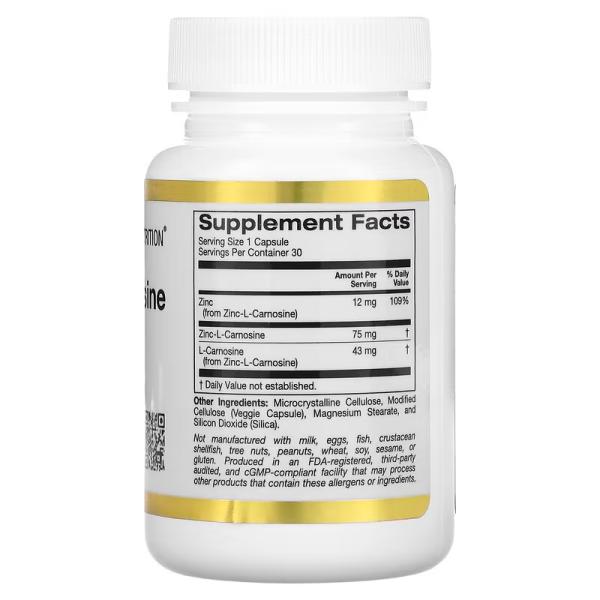 Цинк-L-карнозин, Zinc-L-Carnosine Complex, California Gold Nutrition, 30 растительных капсул - Фото 2