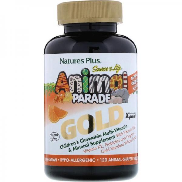 Мультивітаміни для дітей, смак апельсина, Animal Parade Gold, Natures Plus, 120 жувальних таблеток - Фото 1