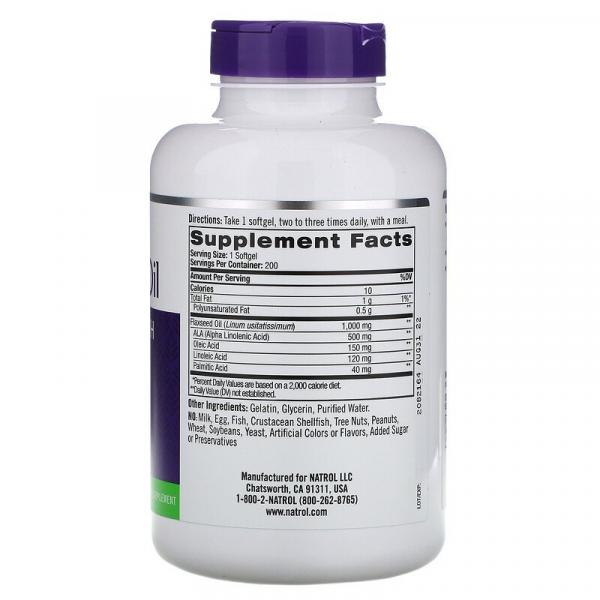 Льняное масло, здоровье сердца, Flaxseed Oil, Natrol, 1000 мг, 200 мягких таблеток - Фото 2