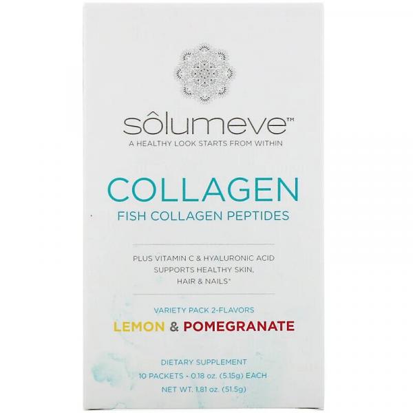 Пептиды коллагена + витамин C и гиалуроновая кислота, ассорти, «Лимон и гранат», Solumeve, 10 пакетиков по 5,15 г (0,18 унции)  - Фото 1