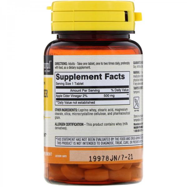 Яблочный уксус особой крепости, Apple Cider Vinegar, Mason Natural, 100 таблеток - Фото 2