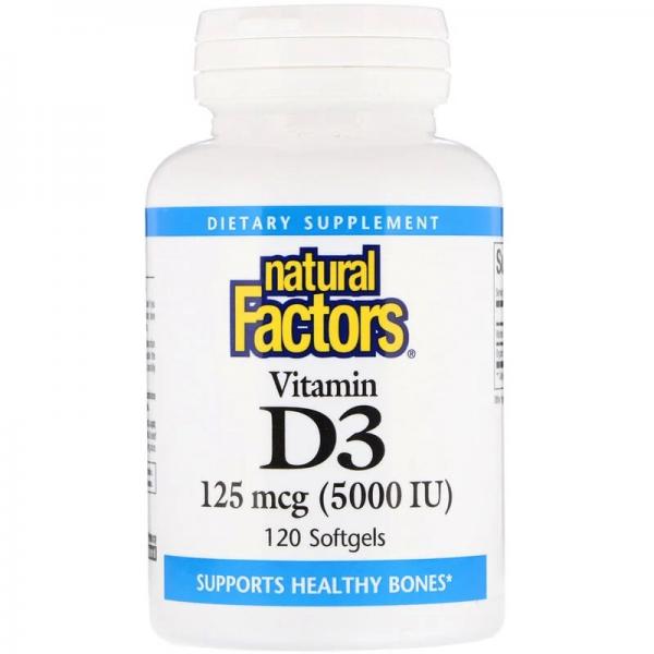Витамин D3, Vitamin D3, Natural Factors, 125 мкг (5000 МЕ), 120 мягких капсул - Фото 1