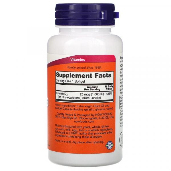 Витамин Д3, Vitamin D-3, Now Foods, 1000 МЕ, 180 капсул - Фото 2