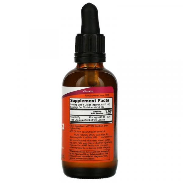 Жидкий витамин D-3, Liquid Vitamin D3, Now Foods, 10 мкг (400 МЕ), 59 мл - Фото 2
