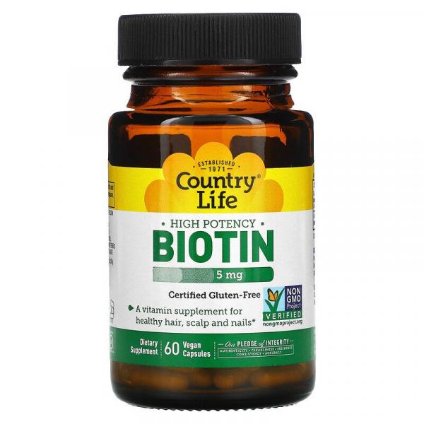 Высокоэффективный биотин, High Potency Biotin, Country Life, 5 мг, 60 вегетарианских капсул - Фото 1