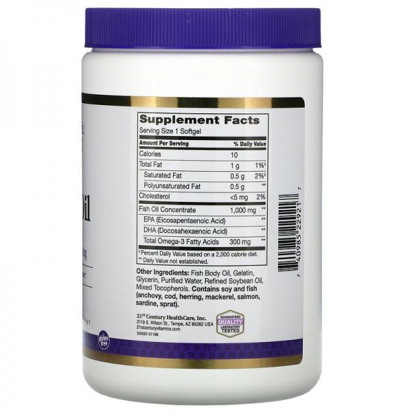 Риб'ячий жир, Омега-3, Fish Oil, 21st Century, 1000 мг, 300 м'яких таблеток - Фото 2