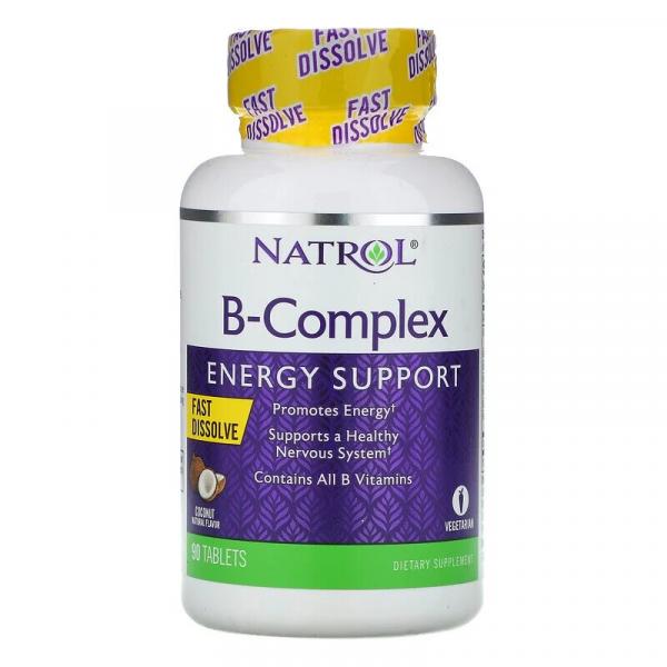 Комплекс витаминов группы B, быстрорастворимые, натуральный кокосовый вкус, B-Complex, Natrol, 90 таблеток - Фото 1