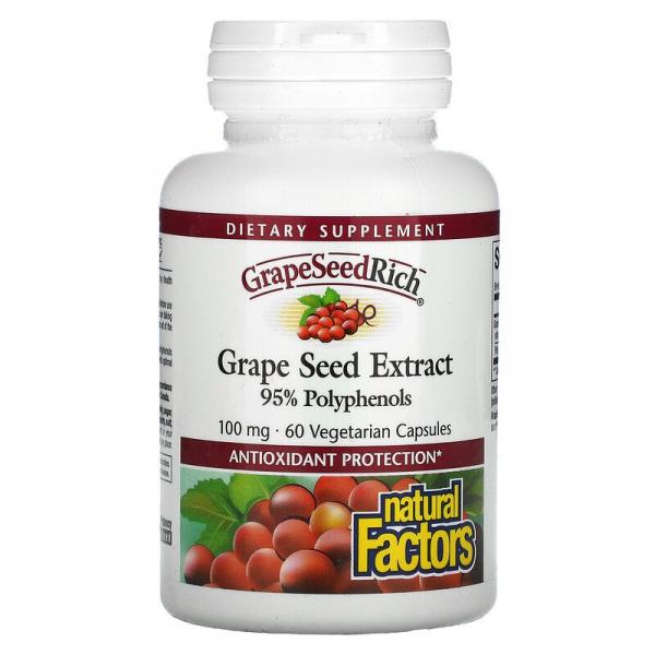 Экстракт виноградных косточек, Grape Seed Extract, Natural Factors, 100 мг, 60 вегетарианских капсул - Фото 1