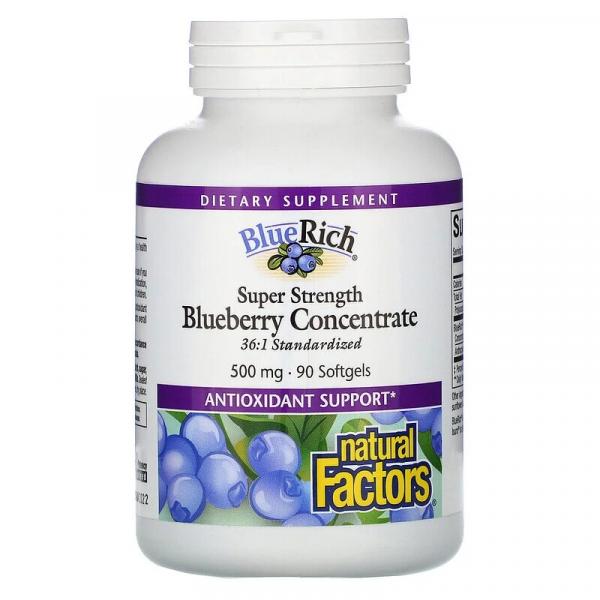 Концентрат черники, Super Strength, Blueberry Concentrate, Natural Factors, BlueRich, 500 мг, 90 мягких таблеток - Фото 1